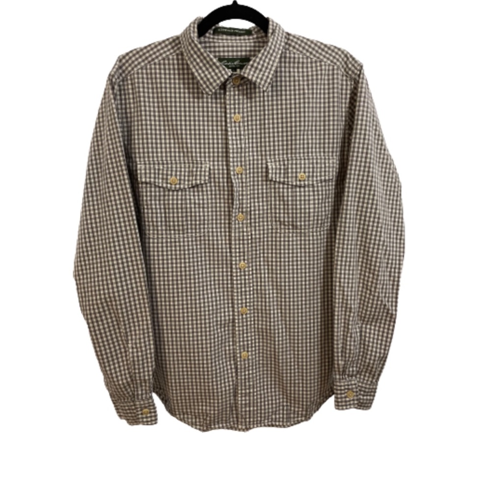 Eddie Bauer Mens Large Legend Wash Vintage Fit Gray Brown White checked print